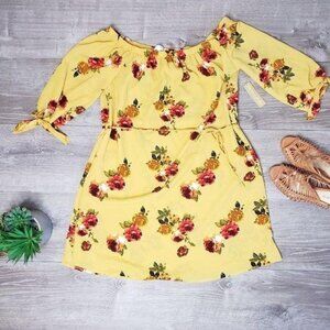 Riley & James NWT Off-Shoulder Yellow mini Dress 3/4 Sleeves & Waist Tie Large